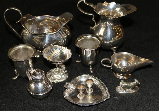 2 silver cream jugs, heart dish, shell stand etc.